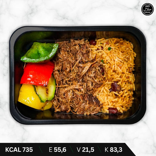 Pulled Beef - Caribische Moro Rijst - Gegrilde Groenten