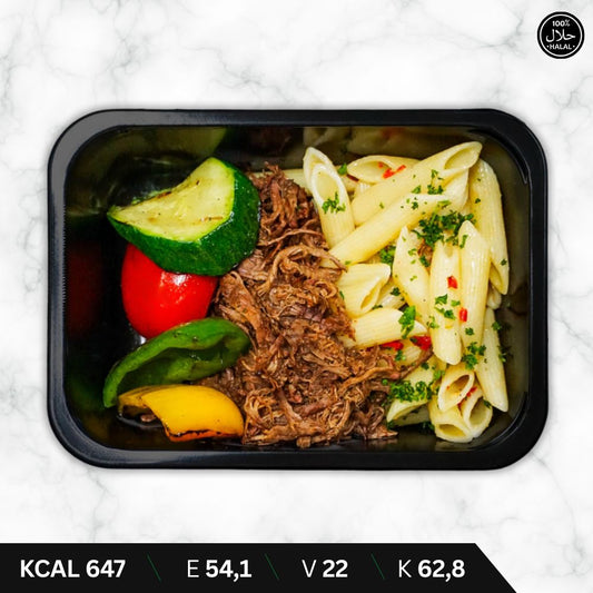 Pulled Beef - Pasta (Rode peper & knoflook) - Gegrilde Groenten