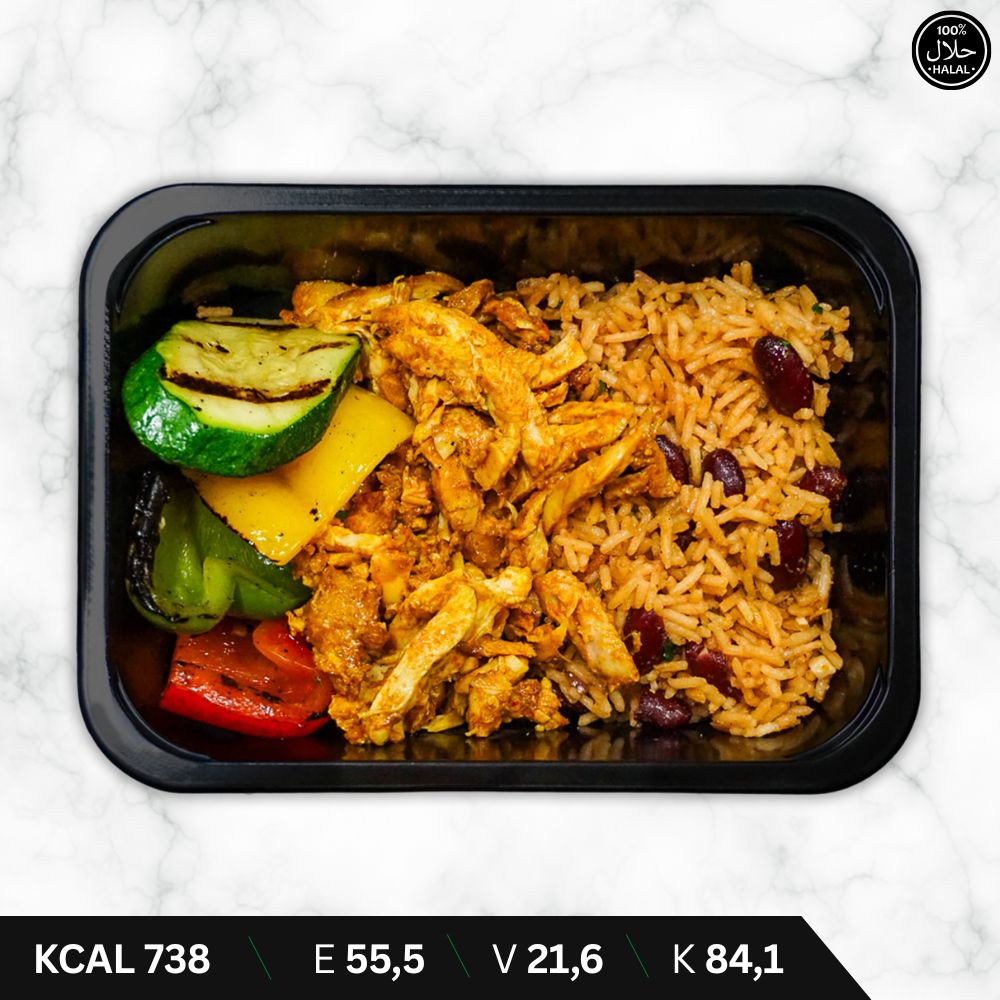 Pulled Chicken - Caribische Moro Rijst - Gegrilde Groenten